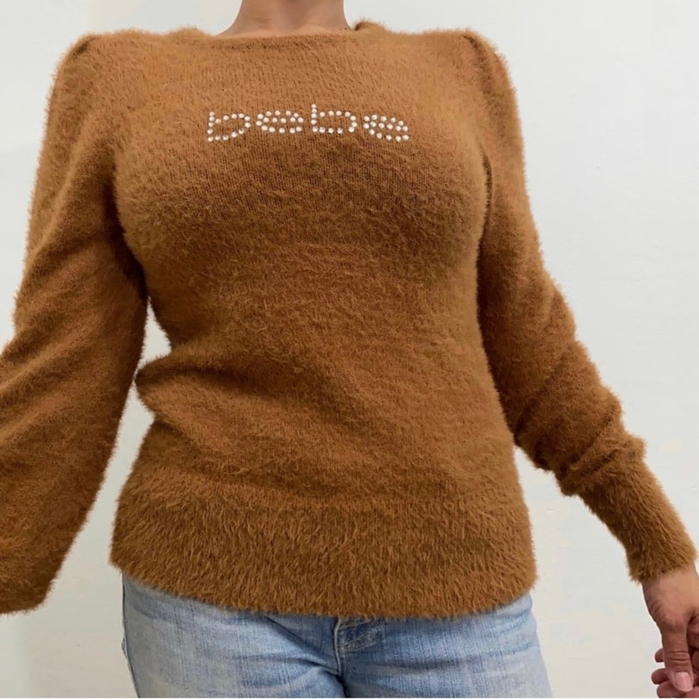 Bebe Women’s M Brown Faux Fur Pullover Sweater Crewneck Light Puff Sleeve